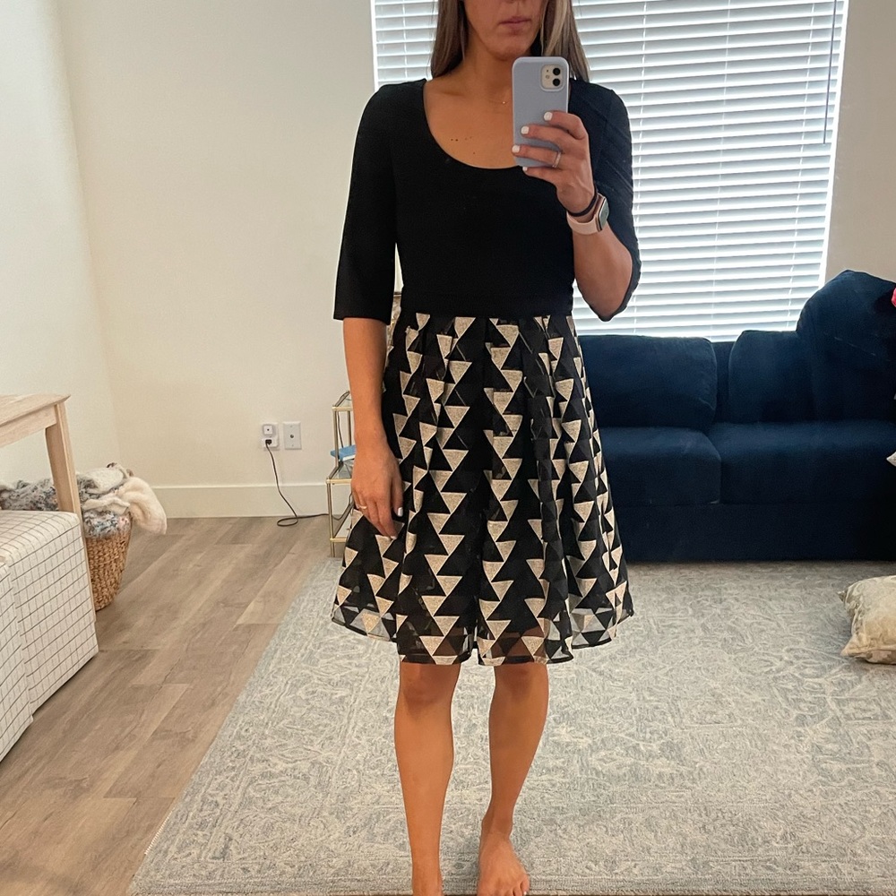 Plenty by Tracy Reese black dress with gold accents on skirt.